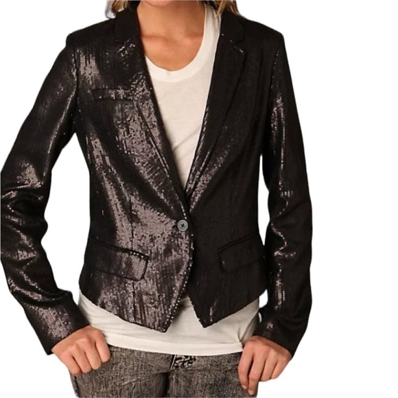 NWT Free People Women Blazer SZ 0 Black Sequin V-Neck One-Button Evening Jacket - Picture 2 of 11